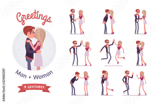 Male and female friends greeting set