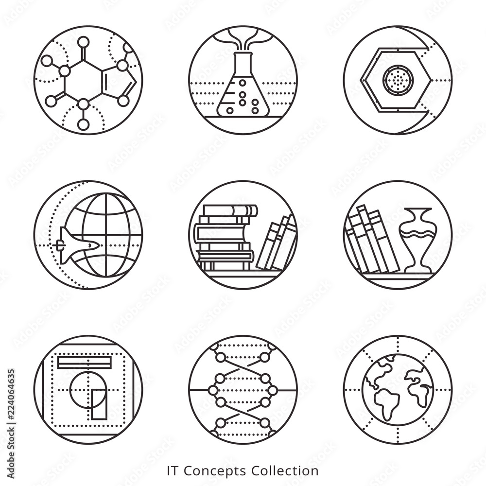 Collection of vector icons, representing different information technology concepts, such as data visualization, strategy, growth, research, branding, communication. Logo templates. Collection of vector icons, representing different information technology concepts, such as data visualization, strategy, growth, research, branding, communication. Logo templates.