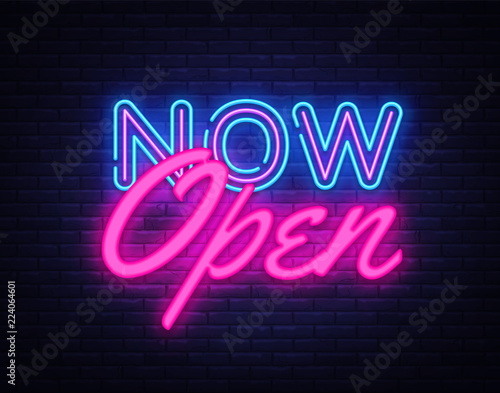 Now Open neon text vector design template. Now Open neon logo, light banner design element colorful modern design trend, night bright advertising, bright sign. Vector illustration photo