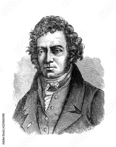 Engraving portrait of André-Marie Ampère (1775-1836), French physicist and mathematician  founder of electrodynamics, inventor and auctodidact.