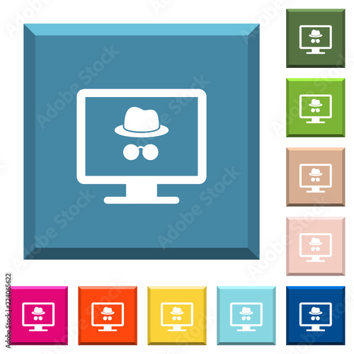 Monitor with incognito symbol white icons on edged square buttons