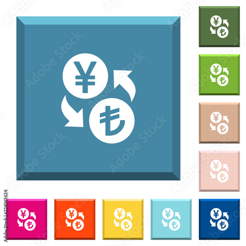 Yen Lira money exchange white icons on edged square buttons