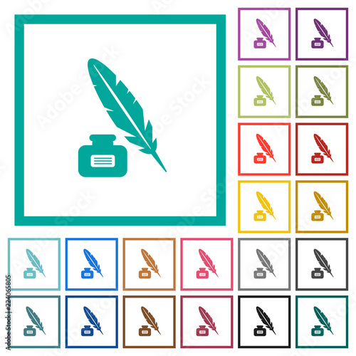 Feather and ink bottle with label flat color icons with quadrant frames