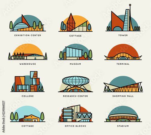 Color stylized modern flat draft city buildings set. Museum, Cottage, College, Office Blocks, Towers, Stadium, Marketplace, University, Warehouse, Terminal. Vector graphic collection, logo templates