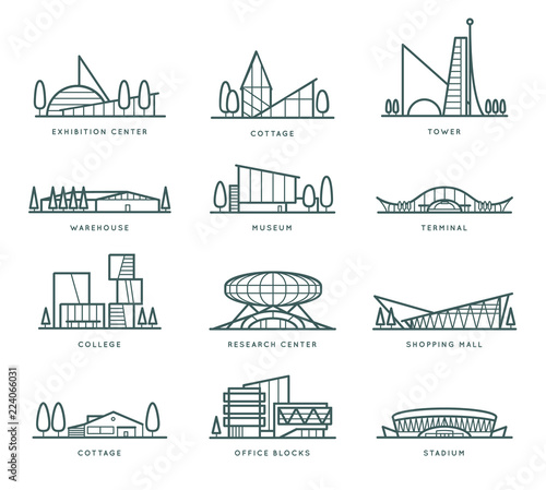 Contour stylized modern flat draft city buildings set. Museum, Cottage, College, Office Blocks, Towers, Stadium, Marketplace, University, Warehouse, Terminal. Vector graphic collection, logo templates