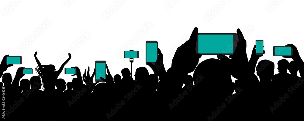 Crowd of people at a concert, keep smartphone, event. Cheerful audience. Hands holding a mobile phone. Silhouette vector on white background Crowd of people at a concert, keep smartphone, event. Cheerful audience. Hands holding a mobile phone. Silhouette vector on white background