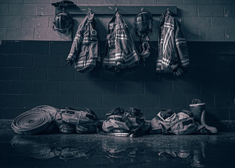 Firefighter bunker suit in the fire station