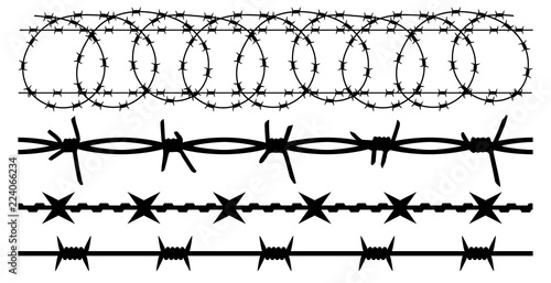 Barbwire set isolated silhouette, vector background. Barbed wire, seamless