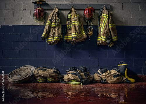 Firefighter bunker suit in the fire station