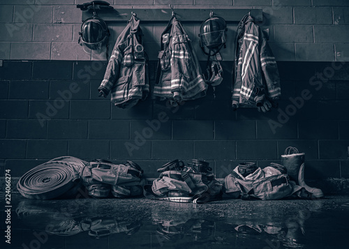 Firefighter bunker suit in the fire station
