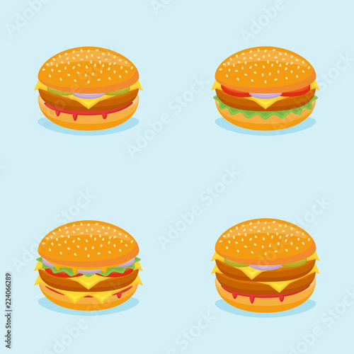 Set of burgers isolated on blue background. Hamburger, cheeseburger, beefburger, double burger. Vector illustration.