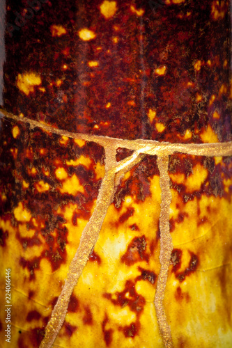 This is part of a vase I repaired with the Japanese art form of kintsugi with gold powder and urushi lacquer that was in 17 pieces when I started.