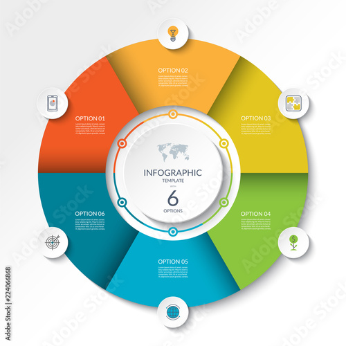 Circular infographic flow chart. Process diagram circle or pie graph with 6 options, parts, segments. Vector banner