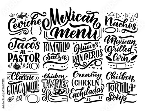 Mexican Menu lettering with traditional food names Guacamole, Enchilada, Tacos, Nachos and more. Vector vintage illustration on background