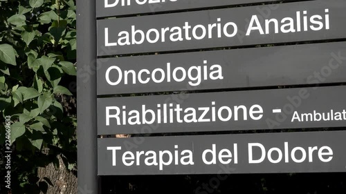 SIgnboard with departments of an Italian hospital, Analysis Laboratory, oncology, rehabilitation surgeries, antalgic therapy,