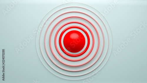 Ball with rough red paint and fading color circles around it. 