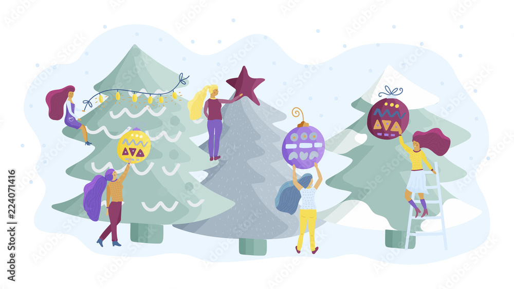 Obraz premium Small girl characters decorate Christmas tree. Flat style vector illustration.