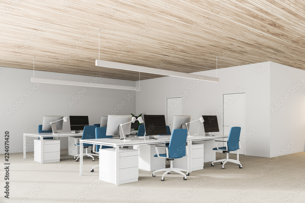 Wooden ceiling open space office side view