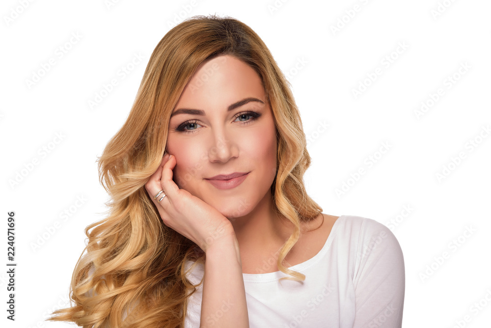 Blonde hair model woman. Female portrait. Studio shot. Blonde hair model woman. Female portrait. Studio shot.