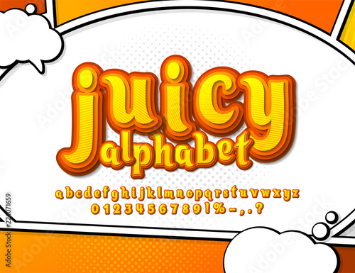 Juicy yellow and orange comic font on comics book page. Multilevel cartoon alphabet, typeface in style of pop art. Multilayer funny letters, figures.