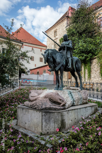 Zagreb, Croatia, July 22, 2018: Equestrian Statue of St. George and the Dragon in Zagreb, Croatia, sculpted by Austrian sculptors Kompatscher and Winder in 1937.