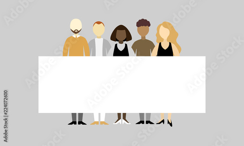 Group of different people standing together and holding an empty board