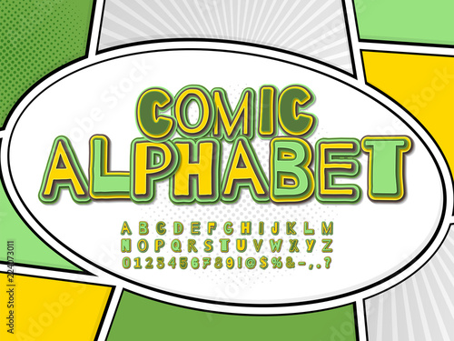 Hipster yellow and green comic font on comics book page. Multilevel cartoon alphabet, typeface in style of pop art. Multilayer funny letters, figures.
