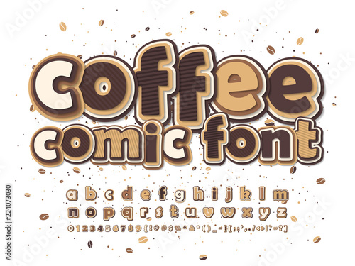 Coffee brown and beige comic font. Multilevel cartoon alphabet, typeface in style of pop art. Multilayer funny letters, figures.