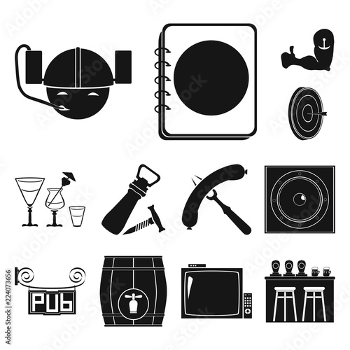 Pub, interior and equipment black icons in set collection for design. Alcohol and food vector symbol stock web illustration.