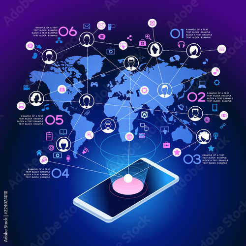 Technology infographics network with a mobile phone