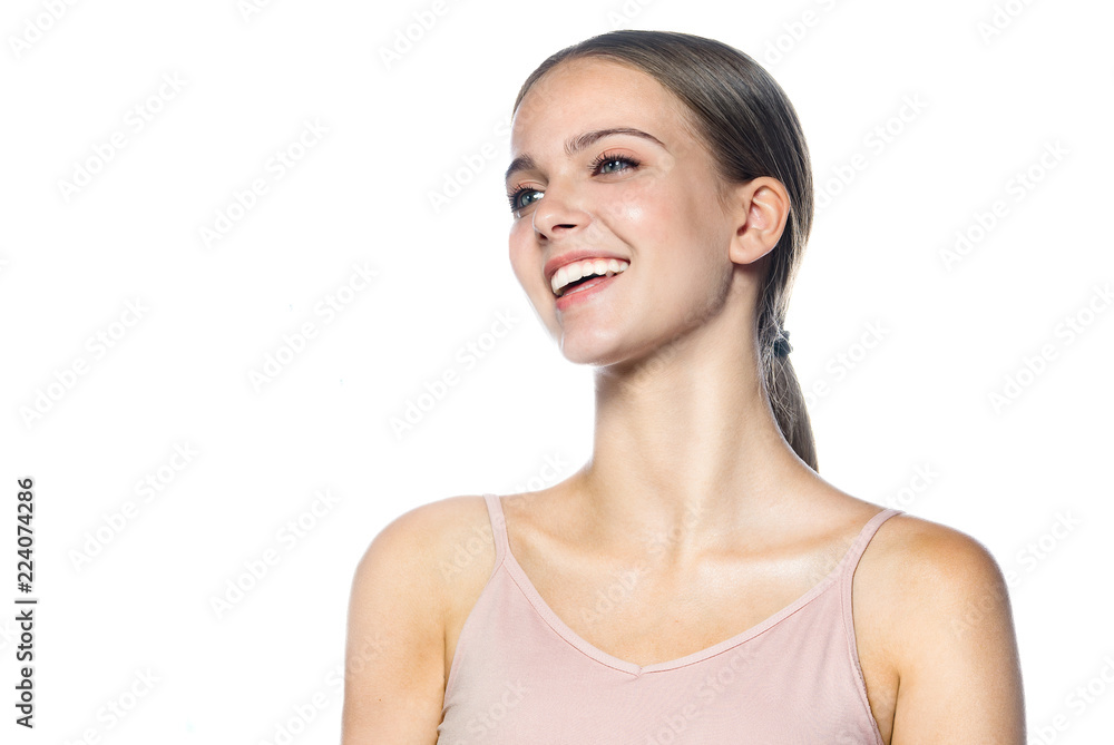 closeup portrait of attractive caucasian smiling woman brunette isolated on white studio shot lips toothy smile face head and shoulders teeth closeup portrait of attractive caucasian smiling woman brunette isolated on white studio shot lips toothy smile face head and shoulders teeth