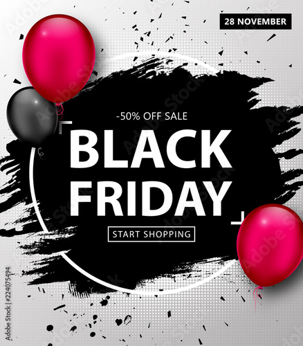 Black Friday Sale Poster. Seasonal discount banner with black, pink balloons and black grunge frame on gray background. Holiday design template for advertising shopping, closeout on thanksgiving day