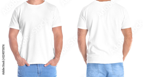 Man in blank t-shirt on white background, front and back views. Mock up for design