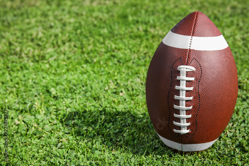 Ball for American football on fresh green field grass. Space for text