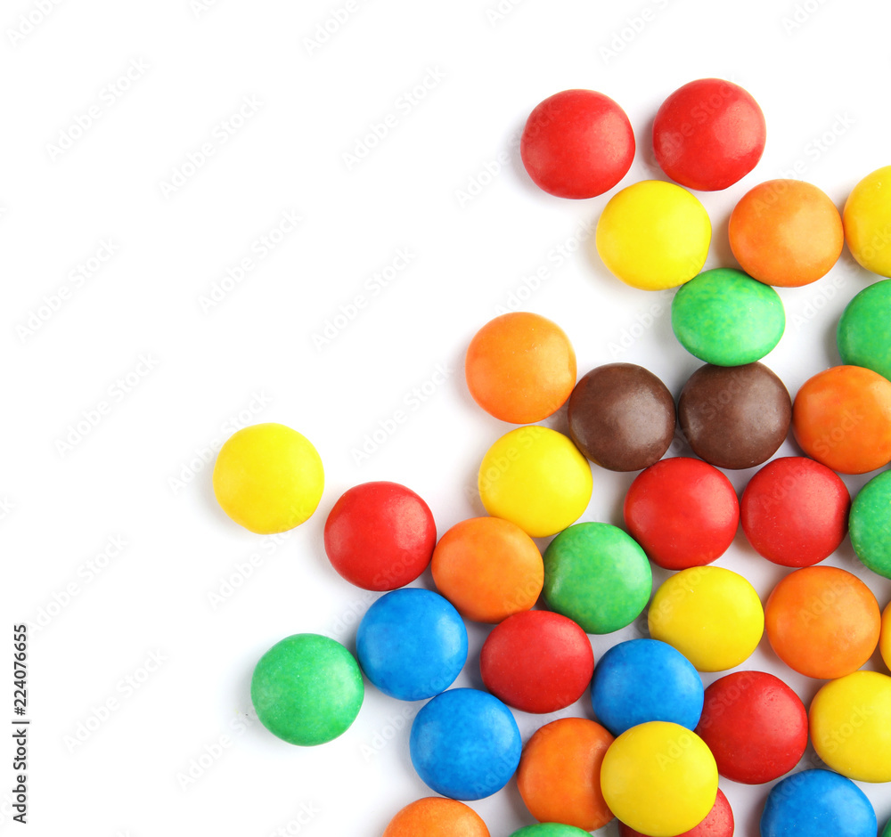 Tasty colorful candies on white background, top view Tasty colorful candies on white background, top view