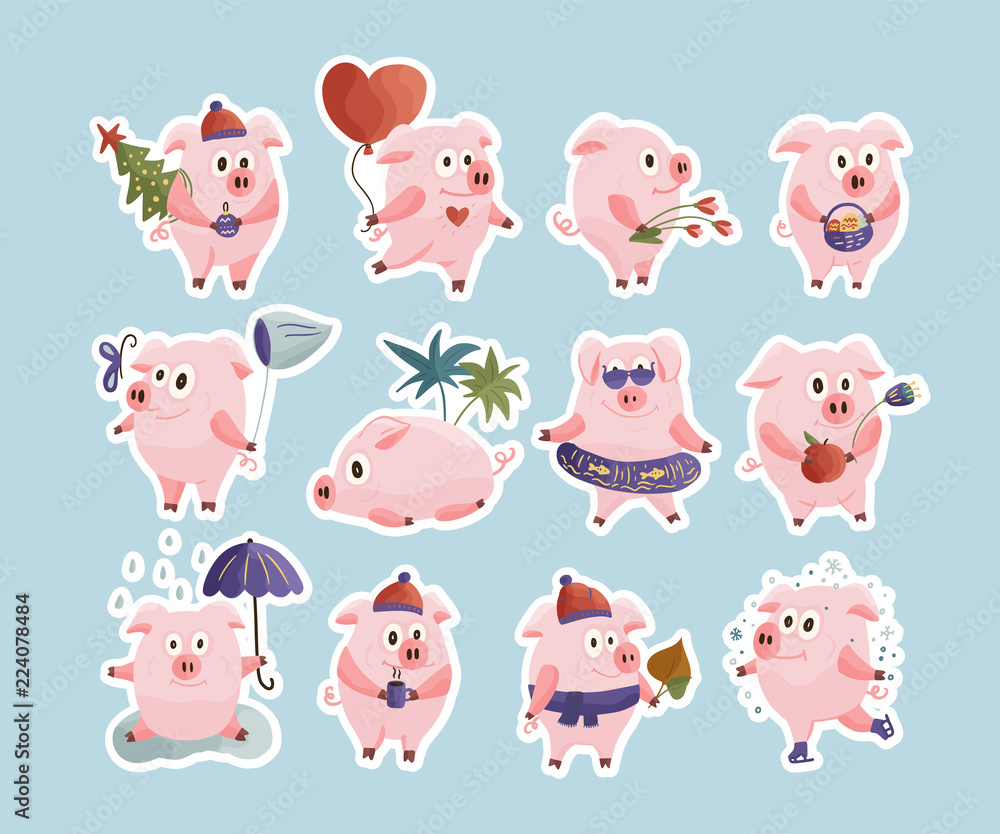 New Year 2019 set with Christmas cartoon flat pink pigs. New Year 2019 set with Christmas cartoon flat pink pigs.