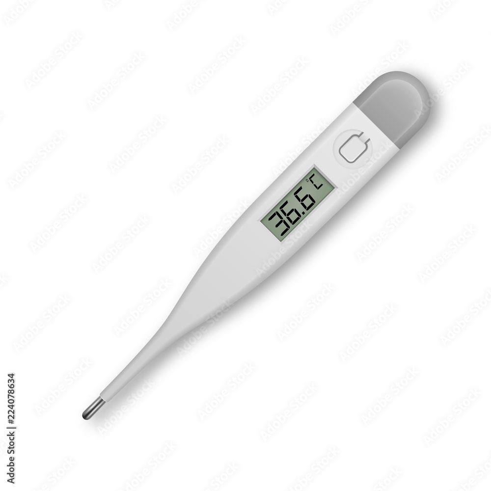 Vector realistic 3d celsius electronic medical thermometer for measuring icon closeup isolated on white background. Clip art, design template for graphics. Top view Vector realistic 3d celsius electronic medical thermometer for measuring icon closeup isolated on white background. Clip art, design template for graphics. Top view