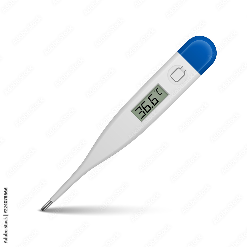 Vector realistic 3d celsius electronic medical thermometer for measuring icon closeup isolated on white background. Clip art, design template for graphics. Front view Vector realistic 3d celsius electronic medical thermometer for measuring icon closeup isolated on white background. Clip art, design template for graphics. Front view