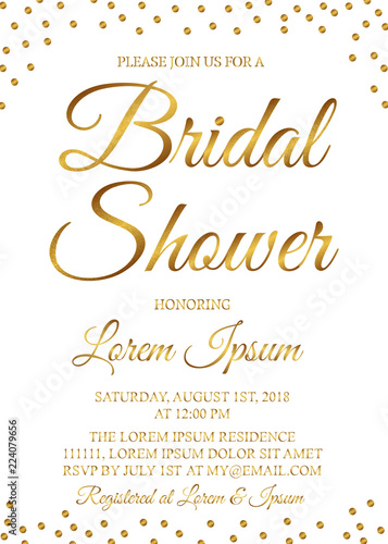 Gold confetti bridal shower invitation card. Golden glittering polka dots bridal party invite. Wedding stationery.