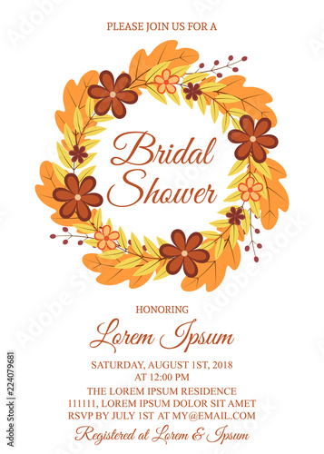 Autumn bridal shower invitation card. Wreath with colorful leaves and flowers. Fall theme bridal party invite. Wedding stationery. Vector illustration.