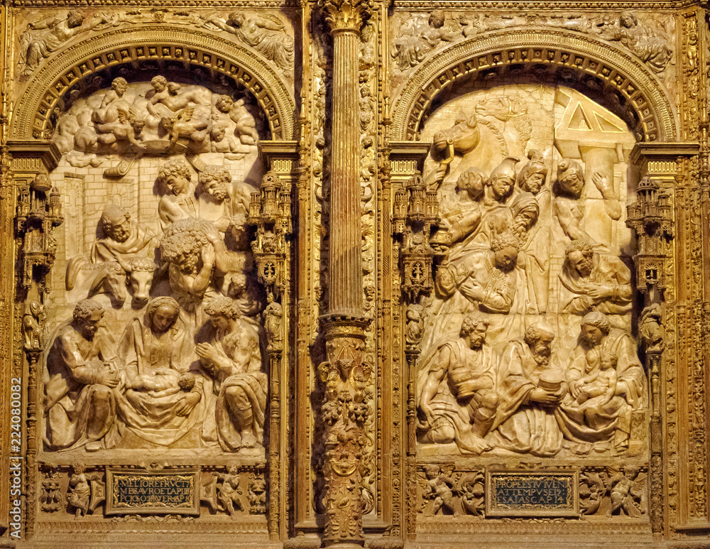 Nativity scenes carved on the choir screen of the Santa Maria de Leon Cathedral - Leon, Castile and Leon, Spain