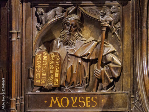 Choir seat carving of Moses in the Santa Maria de Leon Cathedral - Leon, Castile and Leon, Spain