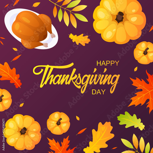 Thanksgiving Banner Design. autumn background, pumpkin and foliage. vector illustration