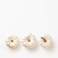 minimalist fall / autumn concept, card or background with three white pumpkins in a row on a white background - flat lay / top view