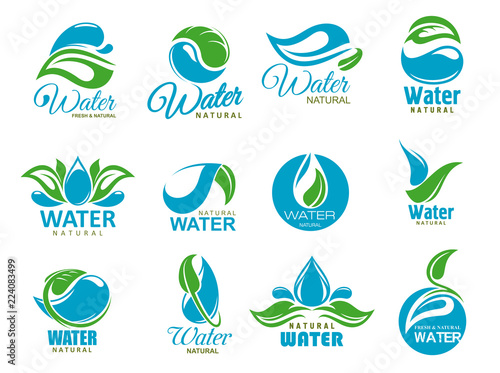 Clean water icons with blue drops and green leaf