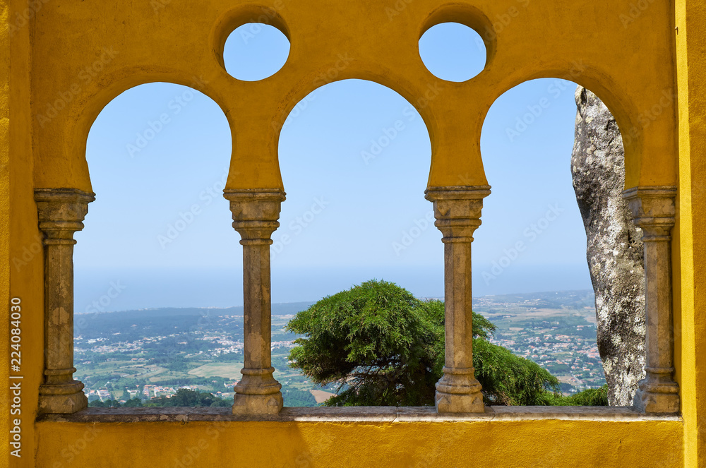 The arabian style arches on the terrace of the Pena Palace. Sintra. Portugal