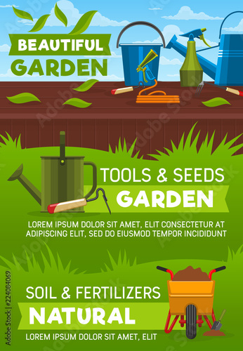 Gardening tools on lawn green grass