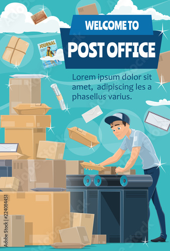 Postman at post office with mail, letter, parcel