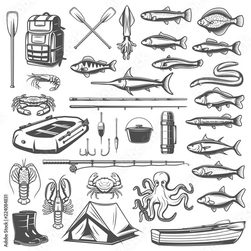 Fishing equipment, tackle and fish icons