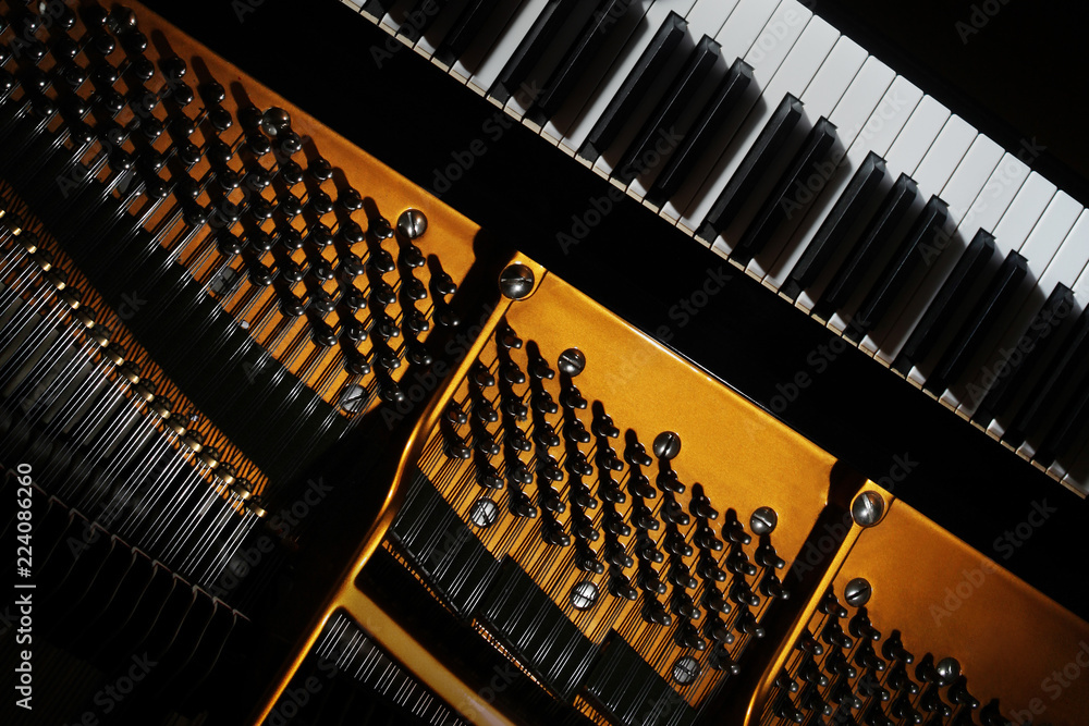 Fototapeta premium Grand piano strings keyboard close up